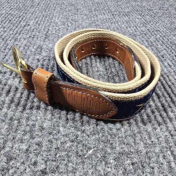 Zep-Pro Belt Mens 36 Mahi Mahi Leather Canvas Solid Brass Made USA Preppy - Picture 1 of 11